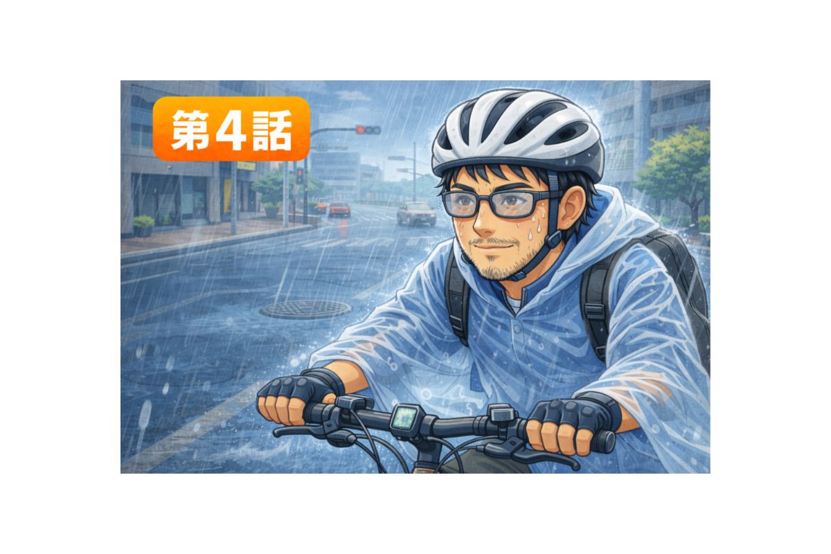 第4話 雨の中を走るたいチャリ 自転車通勤のリアルを描いたアイキャッチ