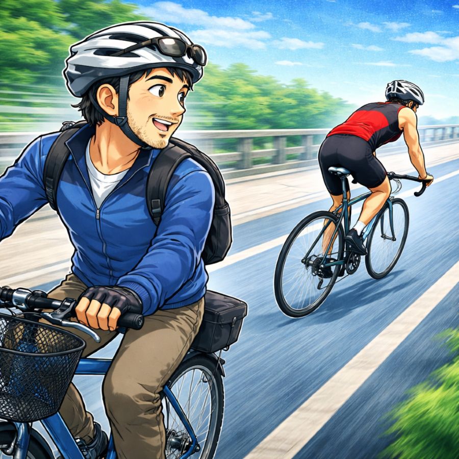 サイクリングロードでロードバイクに抜かれ、振り返るクロスバイクの男性サイクリスト