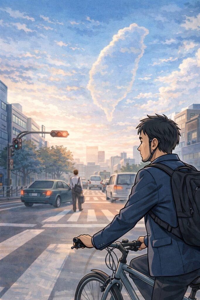 通勤中の会社員サイクリストの前に広がる街と、空に台湾の形が浮かぶイメージイラスト