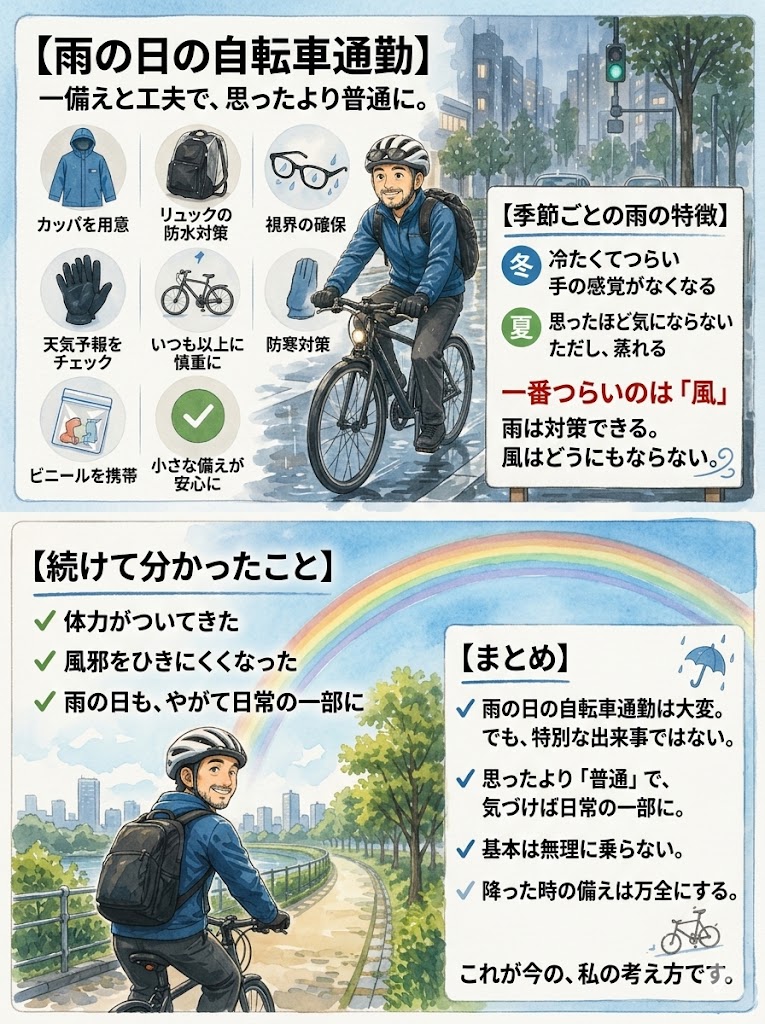 雨の日 自転車通勤 対策 まとめ イラスト