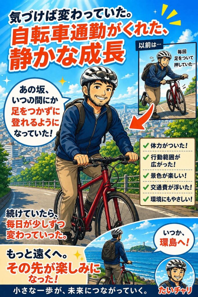 自転車通勤で体力がつき坂を登れるようになり、行動範囲が広がった様子を描いたイラスト（たいチャリ第5話）