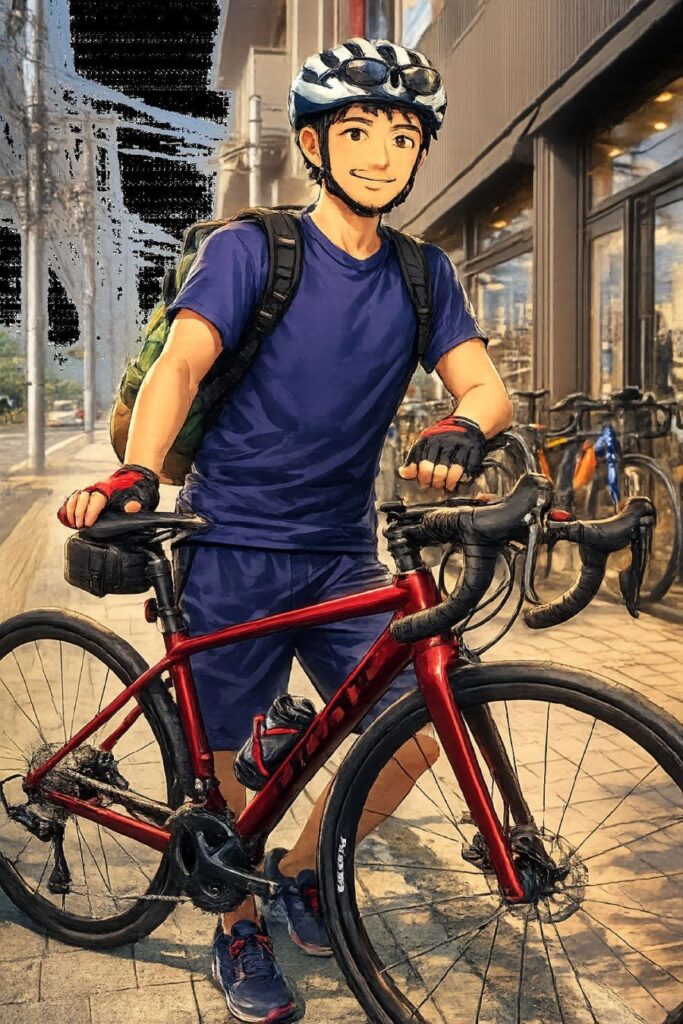 たいチャリ第12話|納車直後にロードバイクと笑顔で写る会社員サイクリストの記録