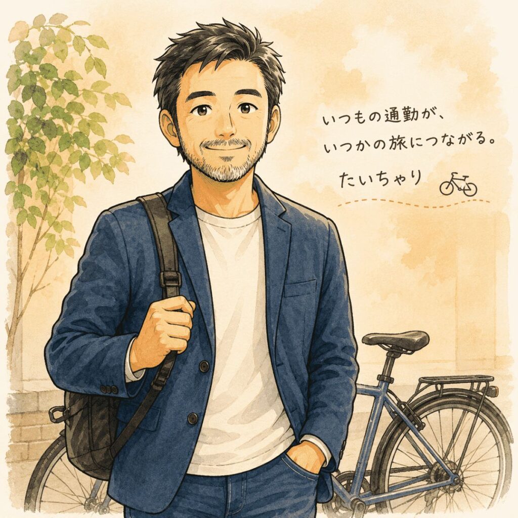 自転車通勤を続けながら旅への夢を抱く会社員男性のイラスト