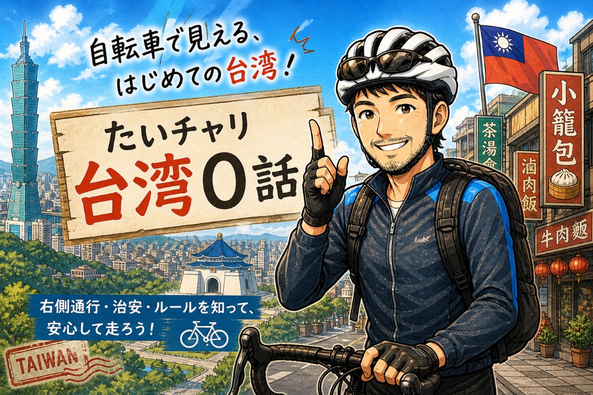台湾の街並みとたいチャリキャラクター、自転車で走る台湾0話のイメージイラスト