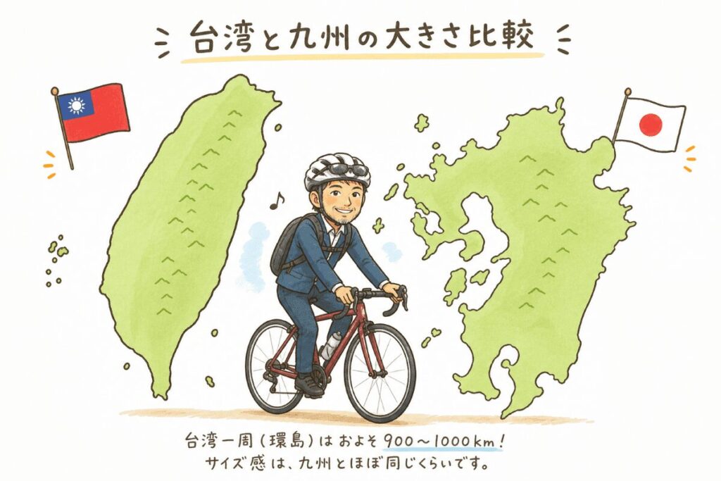 台湾と九州の大きさを比較したイラスト地図（左が台湾、右が九州）