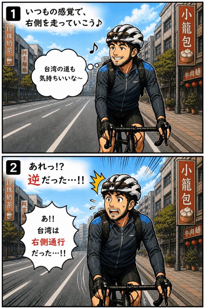 「台湾で右側通行を間違えて戸惑うロードバイク初心者のイラスト」