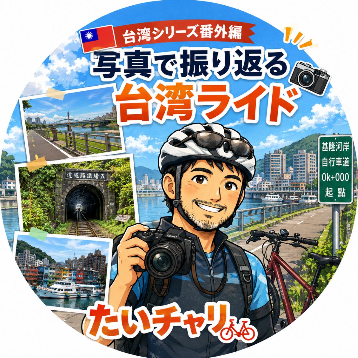 台湾シリーズ番外編「写真で振り返る台湾ライド」のアイキャッチ画像。基隆河サイクリングロードや五堵鐵路隧道、基隆港の写真とたいチャリキャラクター。