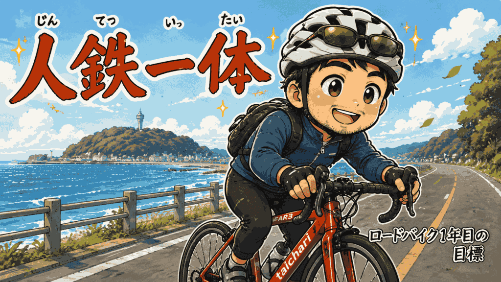 ロードバイク1年目の目標「人鉄一体」を掲げ、江の島を背景に笑顔でロードバイクを走らせる「たいチャリ」の主人公。