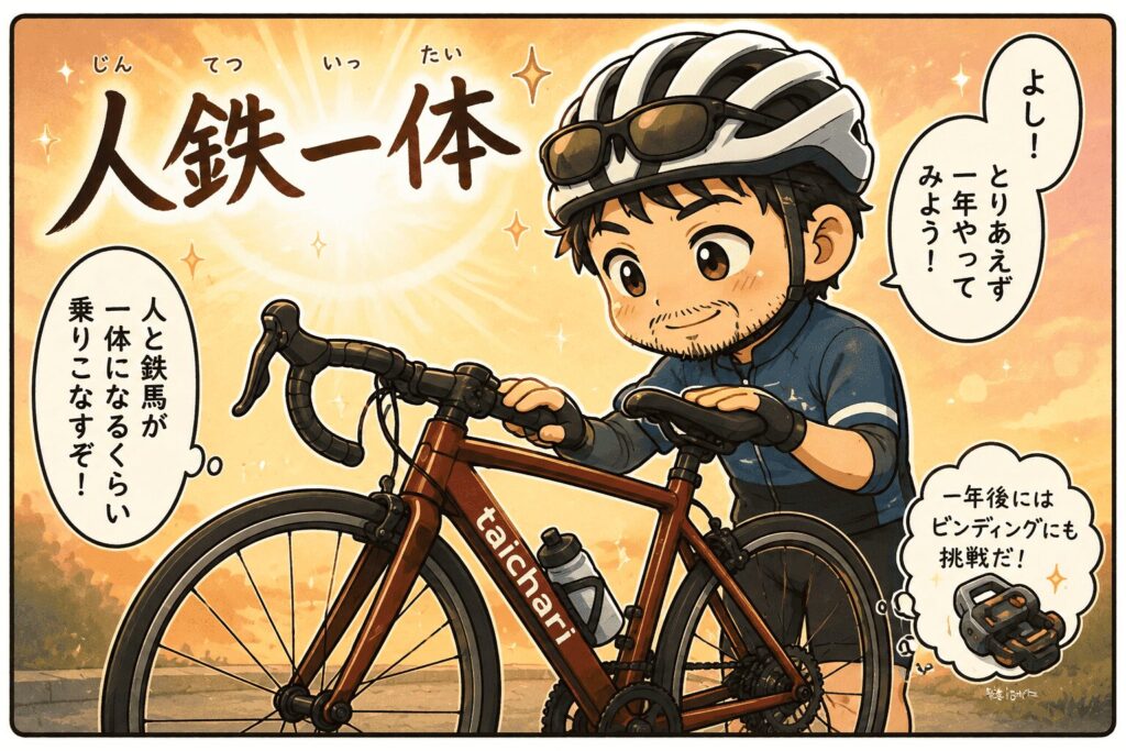 「人鉄一体」を目標に、ロードバイクを相棒として一年間乗り続けることを決意する「たいチャリ」の主人公。